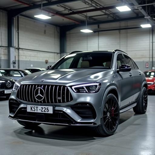 Image features a dark silver metallic SUV car in a bright workshop setting. The SUV is positioned prominently, showcasing its details and design.