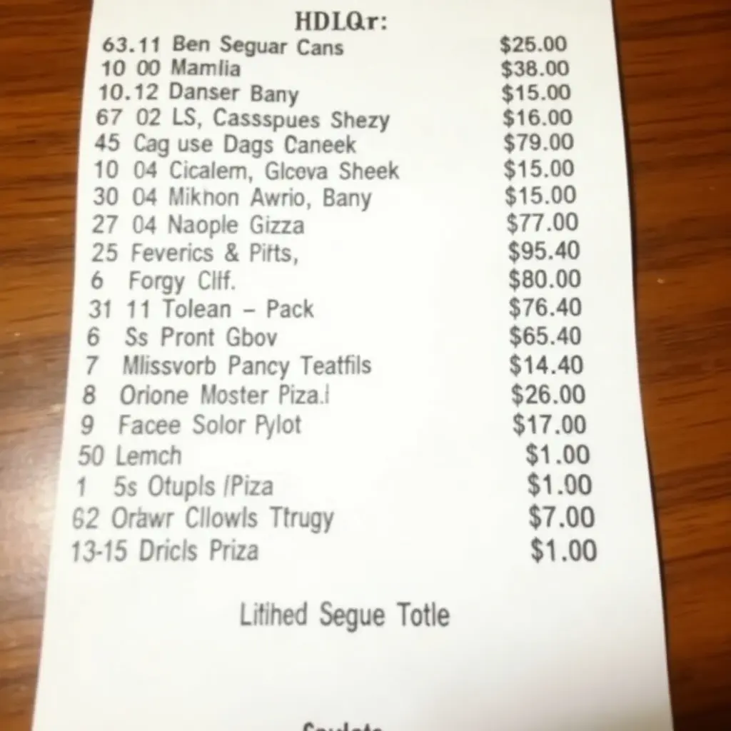 Receipt from Little Caesars with order details and prices. Shows various menu items ordered and their costs. Includes a total at the bottom.