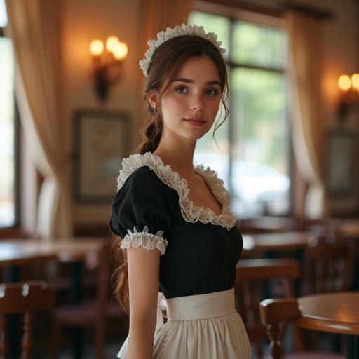 Elegant young woman in a maid outfit stands inside a cozy café. The café features vintage European decor with wooden furniture and soft curtains. The woman has a braided low bun and wears a black and white maid uniform with lace trim. She smiles warmly, adding charm to her porcelain complexion. The scene is softly lit, creating a serene ambiance, typical of an old-world coffeehouse.