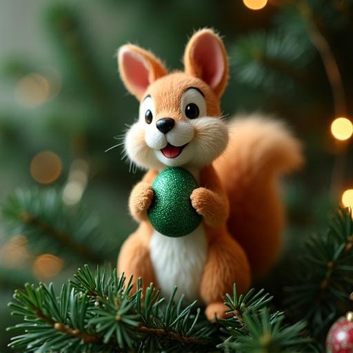 A Christmas tree toy in the shape of a squirrel holds an emerald nut in its paws. The background is absent, drawing attention to the toy's details.