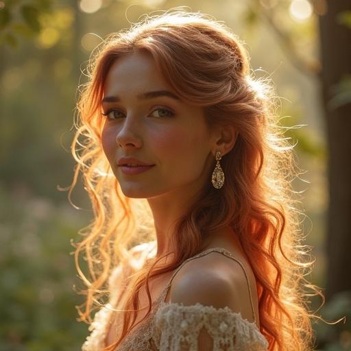 Portrait of a fairy-tale princess with rose-gold curls. Wearing sparkling dewdrop crystal earrings. Ambient light from enchanted woodland. Soft and magical atmosphere.