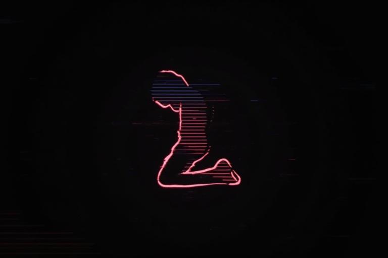 Analog horror style image. Black background. Minimalist representation of a person bowing to the floor. Disturbing VHS glitch effects. Horizontal scanlines. Eerie high-resolution quality resembling retro CRT monitors. Minimal design approach. Creepy public service announcement style. Inspired by Mandela Catalogue. Unsettling and surreal elements with a liminal atmosphere.
