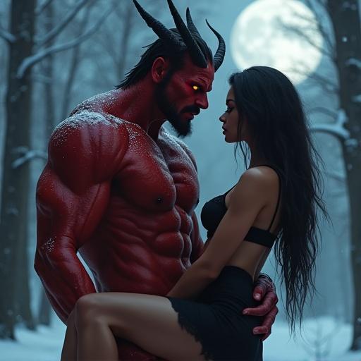 Photo-realistic scene of a muscular demon in a snowy forest. The demon has red skin, large horns, and glowing eyes. He lifts a slender woman with dark hair. The woman wears a black lace bra and skirt. Moonlight casts a glow over the scene, creating a dark atmosphere with intricate details.