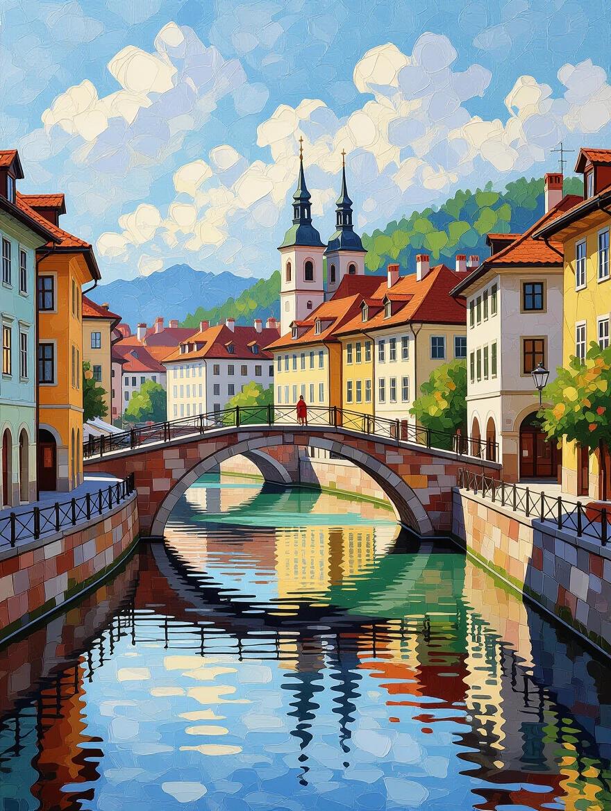 Artistic oil painting of an urban canal with an arched bridge. Features traditional Slovenian landscape styles. Rich textured brushstrokes create colorful reflections in the water. Historic architecture lines the canal under soft clouds. The ambient light gives a nostalgic feel. Digitally enhanced with HDR color depth for vibrancy. A masterpiece inspired by renowned artists.