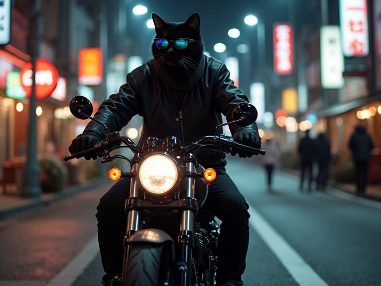 Realistic rendering of a humanoid black cat on a Harley-style motorcycle wearing biker sunglasses in a Tokyo street at night.