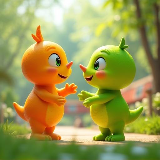 Highly detailed adorable chibi CGI lime wearing neon orange and an orange wearing neon green. They see each other in delighted excited surprise outdoors. Children's park. Bright neon green and orange colors.