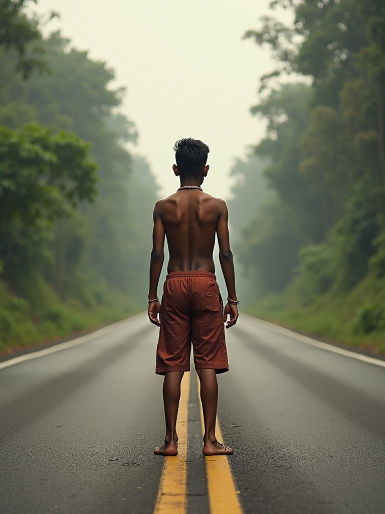 An Indian boy stands facing away. He is shirtless and wearing brown shorts. Foggy road environment with trees. The road splits into two paths. The setting indicates choices ahead.