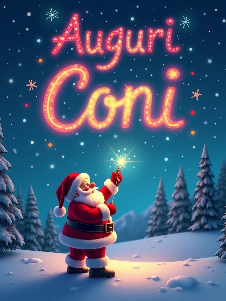 Christmas theme with Santa Claus looking up at the sky. Santa is writing 'Auguri Coni' using a colorful glow pen. Snowy landscape with trees in the background. Bright and festive atmosphere with holiday cheer.