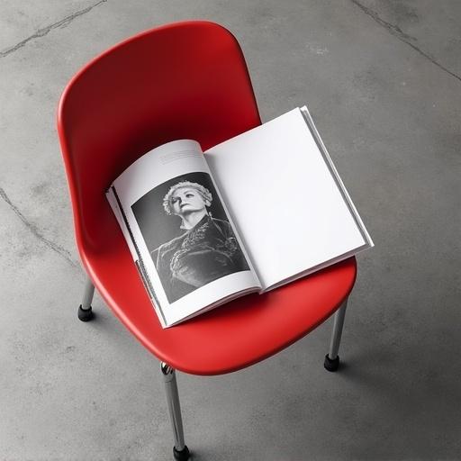 High-angle photorealistic mockup of a red plastic chair with chrome legs. The chair is on a textured grey concrete floor. A magazine rests on the chair with open pages visible. Left page features monochrome photography. Right page is uniformly white with no printed elements. Soft overhead lighting creates subtle shadows.