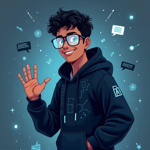 Full-body illustration of an Indian college male. Character has curly hair glowing eyes wearing glasses. Dressed in a dark hoodie with glowing circuit patterns and stylish sneakers. Character smiles and waves. AI icons like chat bubbles surround the character.