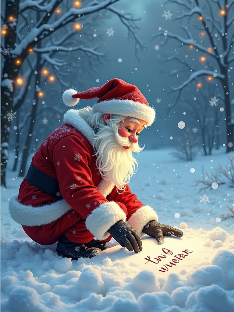 Santa Claus writing To Oliver in the snow. Scene set in a winter landscape with snowflakes falling. Warm and festive atmosphere with Christmas lights. Santa dressed in traditional outfit.