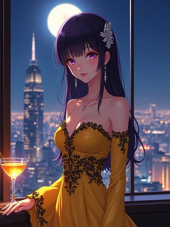 A stylish woman stands in an upscale lounge facing the viewer. She has expressive violet eyes and long dark violet hair with traditional Japanese kanzashi pins. Wearing a luxurious off-shoulder shiny yellow gown embroidered with black floral patterns. Yellow sheer sleeves add elegance. A gold cocktail sits on the counter. The city skyline glows through a large window at night. The image has an anime style with rich textures and magical ambiance.