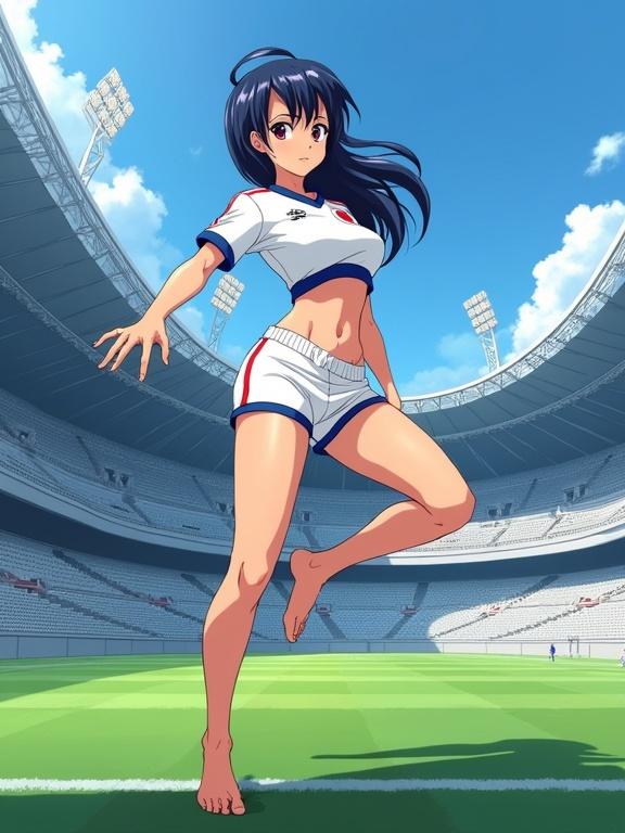 Digital anime illustration of a young character in a Japan National team soccer jersey. She has a flirtatious pose with one leg raised. Background features a professional soccer stadium with empty grey seats and a green pitch.