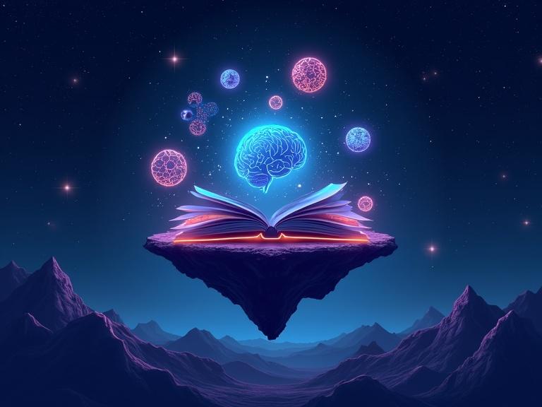 Design YouTube banner for DDD Deep Dive Discussions. Show floating island in starry space. Surround with glowing icons like books, brains, film reels, and globes. Use dark tones with soft neon blue or purple for futuristic vibe.