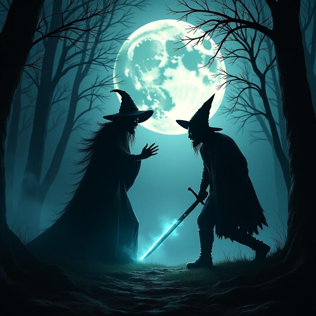 This image captures a chilling horror scene set in a dark forest under a full moon. In the foreground, a witch cloaked in darkness reaches out toward her opponent, a determined witch hunter wielding a sword. The atmosphere is thick with tension, highlighting the classic battle between the mystical and the mortal. Ghostly blue light emanates from the ground, contrasting against the silhouettes of the figures. The only sounds are the whispers of the trees and the distant echo of confrontation. It evokes a feeling of suspense as the viewer wonders who will prevail in this eerie face-off.