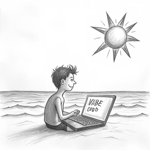 Hand-drawn sketch of a person coding on a beach. Person has a big smile. Laptop screen has scribbled code. The sun with uneven rays shines down. Ocean appears as zigzags. Drawing has wobbly lines and messy shading.