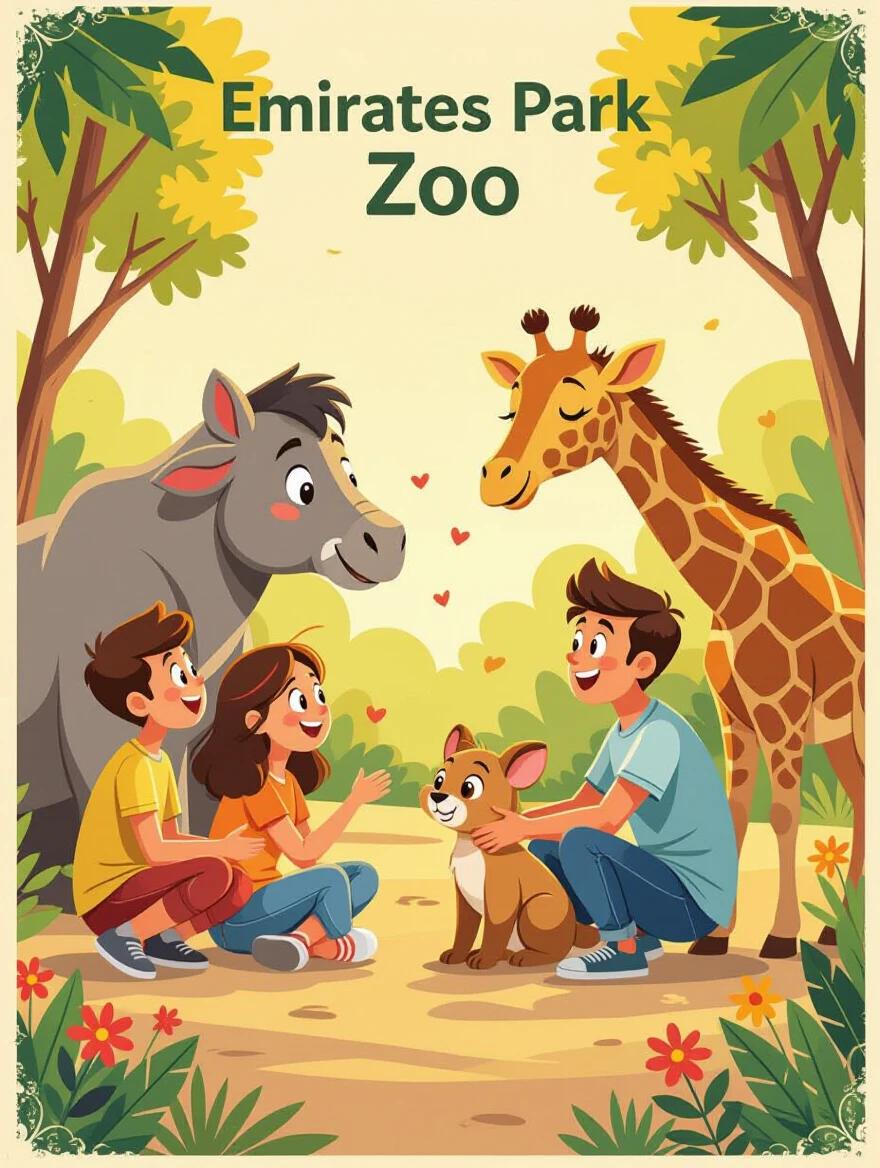 Poster showcasing visitors having interactions with animals at Emirates Park Zoo. Children express emotions towards animals like a giraffe and a donkey. Vibrant colors and dynamic composition create warm and joyful atmosphere. Focus on connection between nature and visitors.