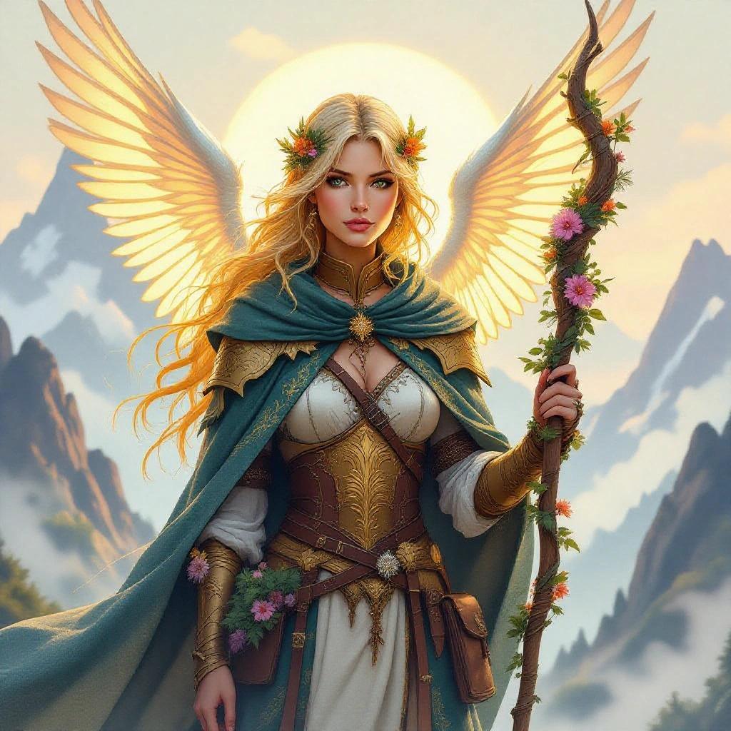 Fantasy watercolor artwork featuring a female aasimar ranger with soft golden hair and faint glowing wings. Front-facing pose. She wears an ornate traveler's cloak adorned with sunbird motifs, delicate shining armor, and holds a wooden staff wrapped with flowers and runes. Misty mountain peaks create a magical background with soft cinematic lighting and twilight haze.