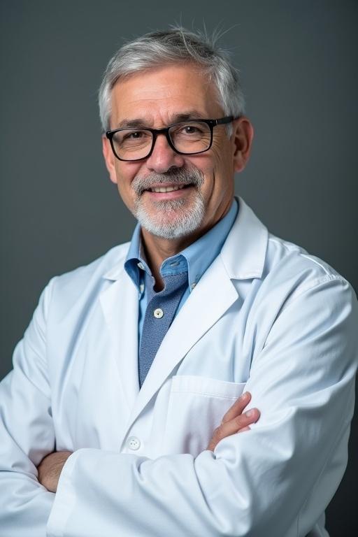 Professor dressed in white lab coat. Grey hair visible. Glasses worn on face. Arms crossed confidently. Serious demeanor.