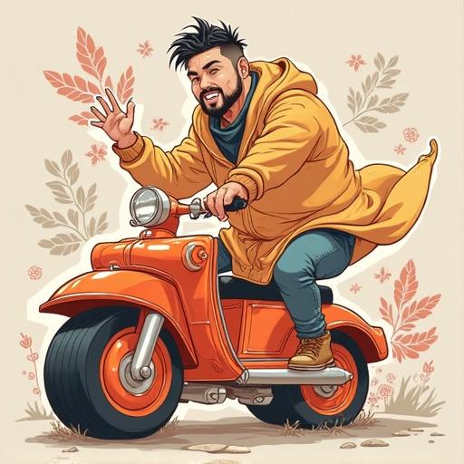 A cartoon-style illustration of a cheerful man wearing an orange coat riding an orange scooter. He smiles and waves, surrounded by floral elements.