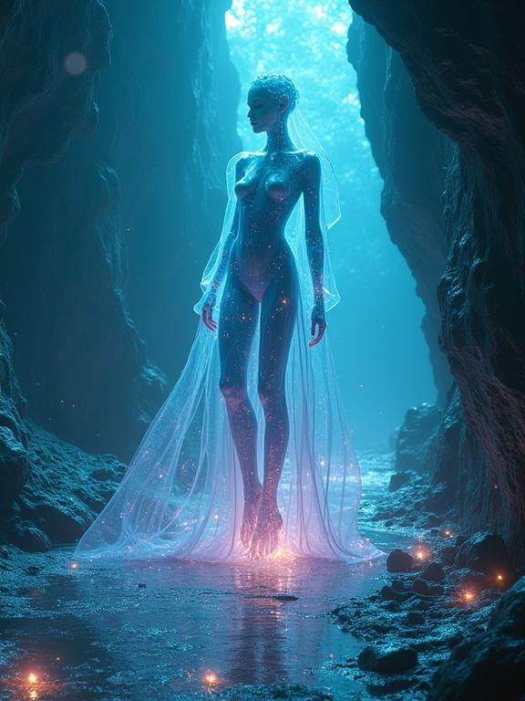 Surreal landscape in a vast cavern with shimmering glass. Central figure is a tall, transparent humanoid made of liquid crystal. Body is a living prism of deep blues, violets, and greens. Glowing softly, elongated limbs move like tendrils. Face is serene, lacks visible eyes, with a halo of light. Tiny orbs float like fireflies. Ground made of cracked obsidian and mirror shards. Atmosphere filled with glass spores and distant melodic hums. Extreme detail and high resolution.