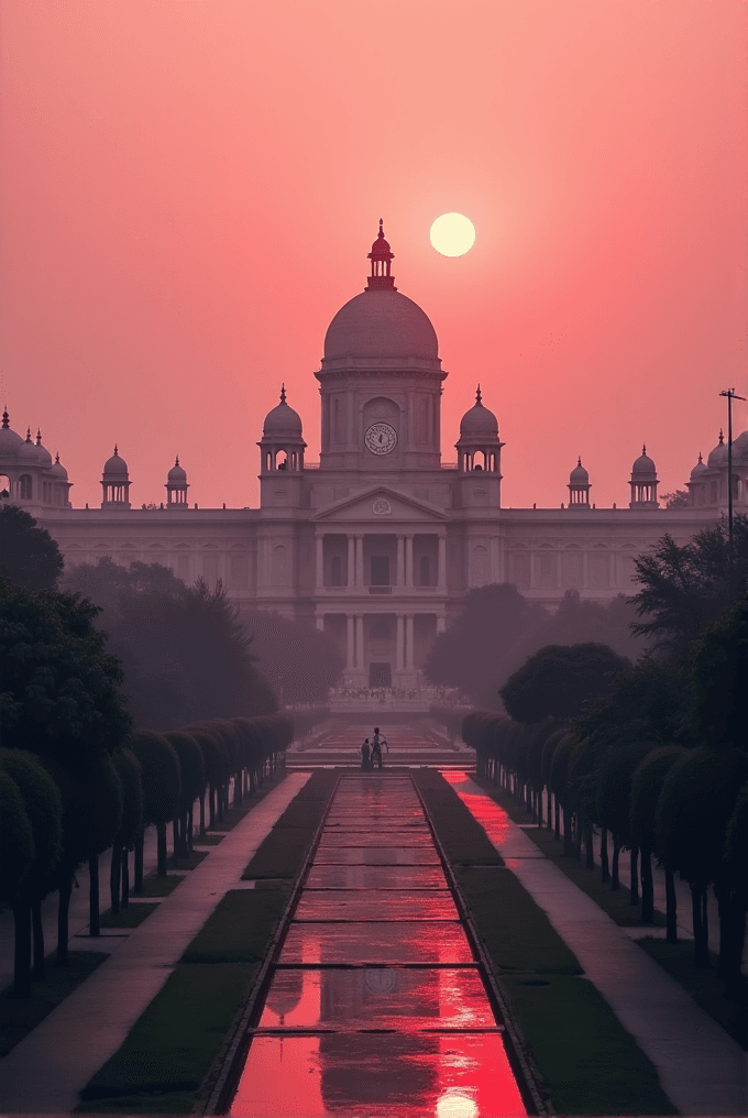 A grand building with a large dome is silhouetted against a pink sunset sky.