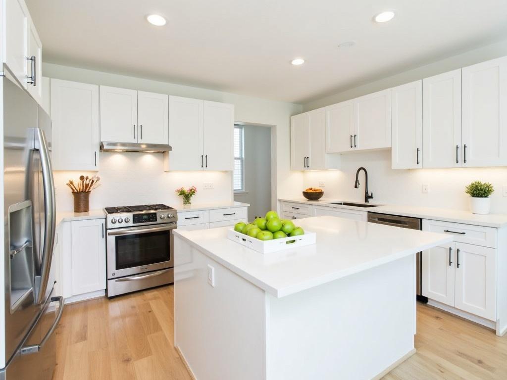 This image depicts a modern kitchen with a sleek and minimalist design. The kitchen features white cabinets that blend seamlessly with the bright countertops. The stainless steel appliances add a touch of elegance to the space. A large kitchen island is present, adorned with a white tray holding fresh green apples, which adds a pop of color. The flooring is made of light wood, which complements the overall design. There are soft, recessed lights highlighting the countertop area, creating a warm atmosphere in the kitchen. The kitchen is designed for both functionality and style, making it a welcoming space for cooking and entertaining.