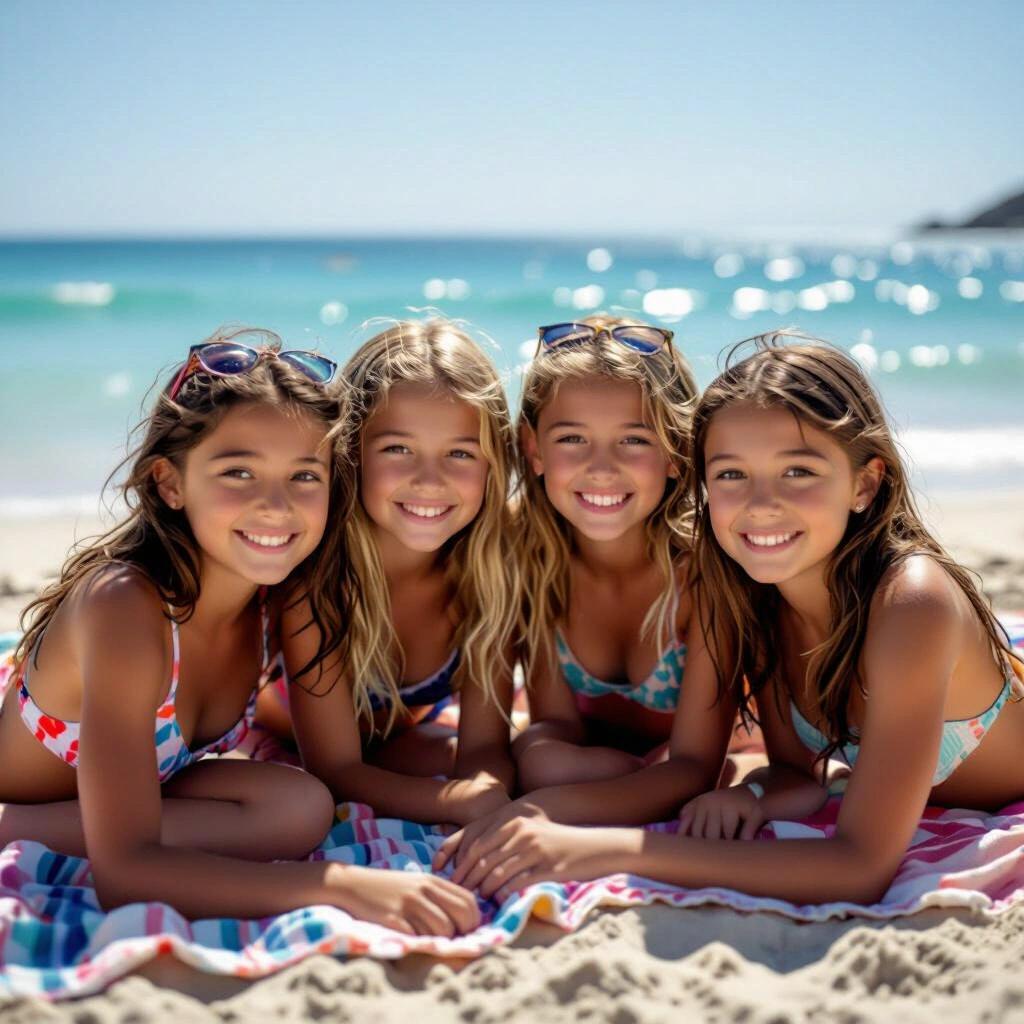 A group of four girls is sitting on the beach. They smile at the camera. Sunlight brightens the scene. They wear colorful swimsuits. Sand under them sparkles. Ocean waves are visible in the background. They pose together. It's a warm, sunny day.