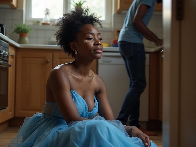 African woman wearing a blue gown sitting on the kitchen floor. She is crying while her husband is shown locking the kitchen door.