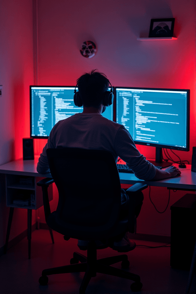 A person with headphones sits intensely focused at a dual-monitor setup displaying code, with ambient red lighting creating a moody atmosphere.