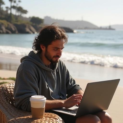 A man sitting on a wicker chair on Malibu beach. He is using a laptop and has a coffee cup next to him. The scene depicts a relaxing beach atmosphere.