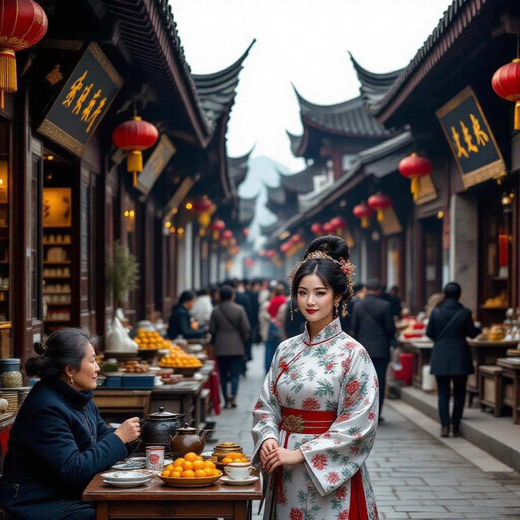 Beautiful woman in traditional Chinese dress walks in a bustling street filled with ancient buildings and people. Colorful lanterns hang above tea and food shops. The scene captures a cultural vibe with vibrant displays and engaging subjects.
