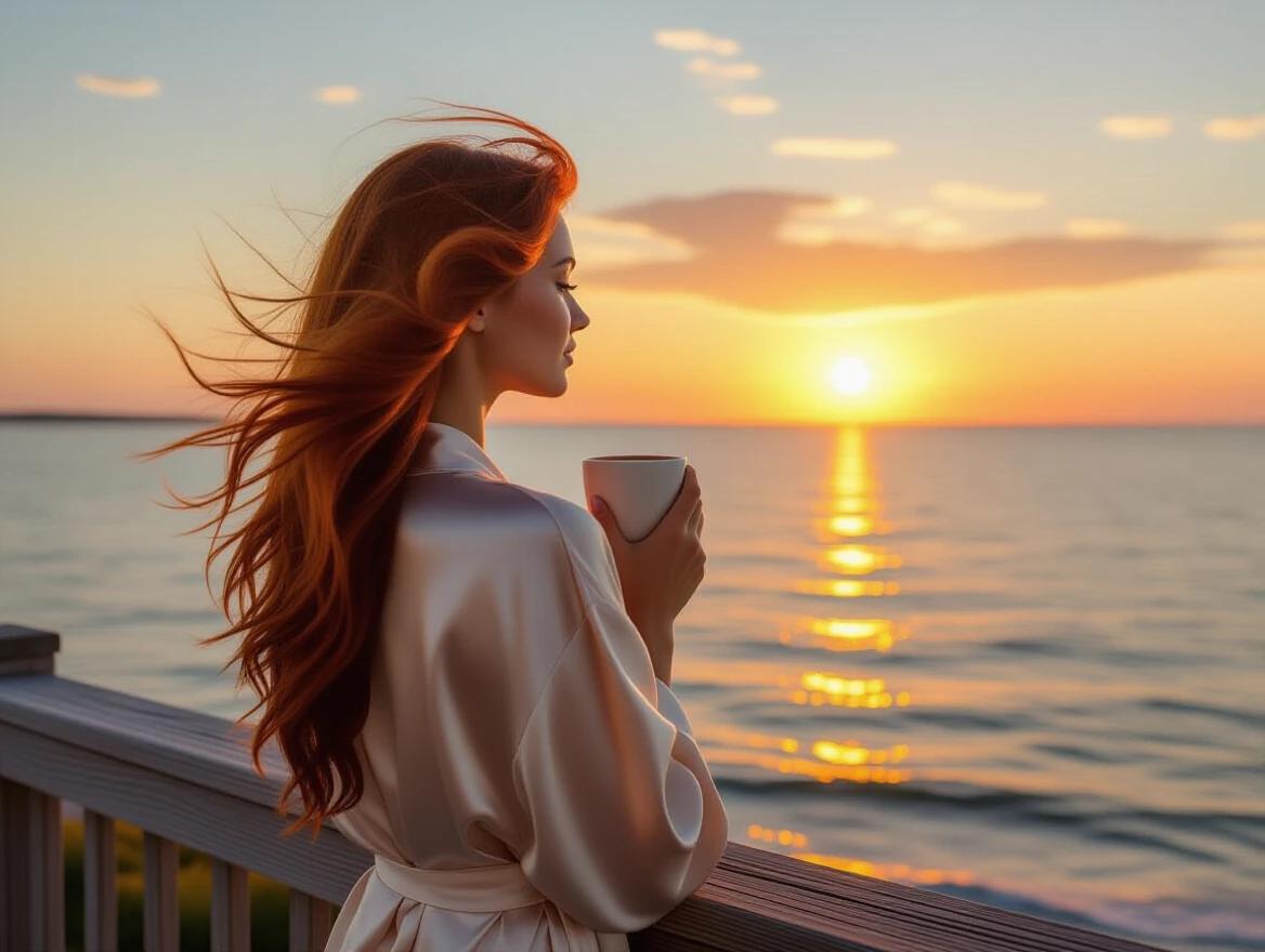 Rear view of a woman with long luxurious red hair flowing in the wind. Holding a cup of coffee. Watching the sunrise over the ocean in Charleston SC. Wearing a silk robe. The sun reflects on the water.