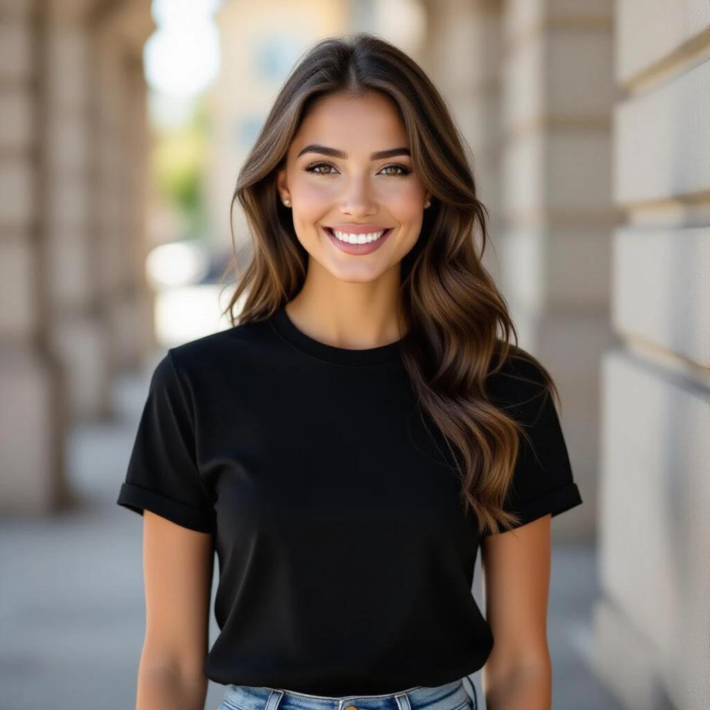 Generate a picture of a woman wearing a black T-shirt standing in the foreground for a photo.