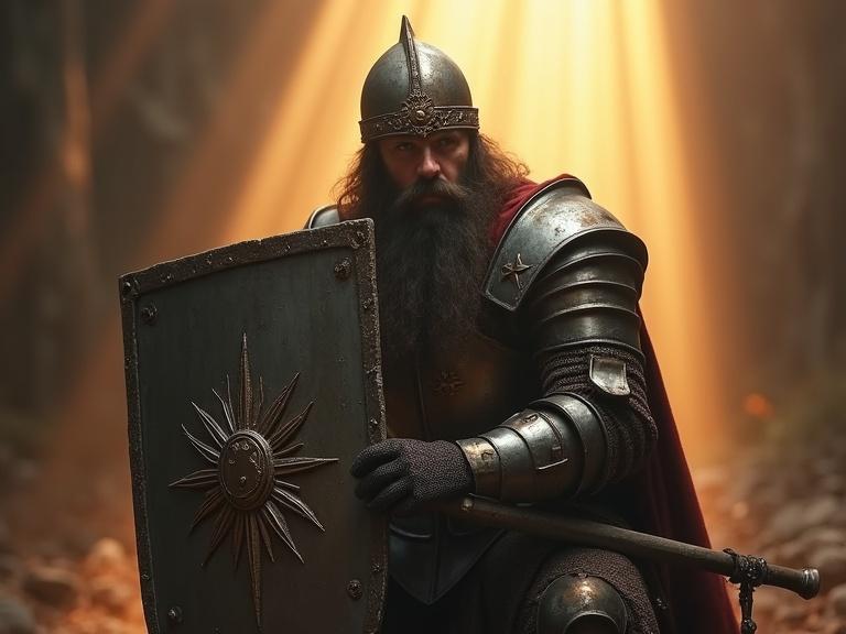 Medieval cleric in full steel plate armor. Ornate sun emblem helmet without faceguard. Crouching defensively behind rectangular shield with sun design. Wielding large-headed war hammer. Brilliant sun rays shine from above.