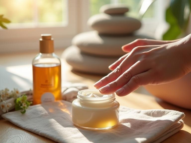 A close-up view of hands applying moisturizer to skin. The image features a jar of face cream and a bottle of sunscreen. A glass of water is present. The room is sunlit and cozy with a meditation cushion and yoga mat visible. The setting represents a holistic youthful approach. Soft natural light highlights healthy skin.
