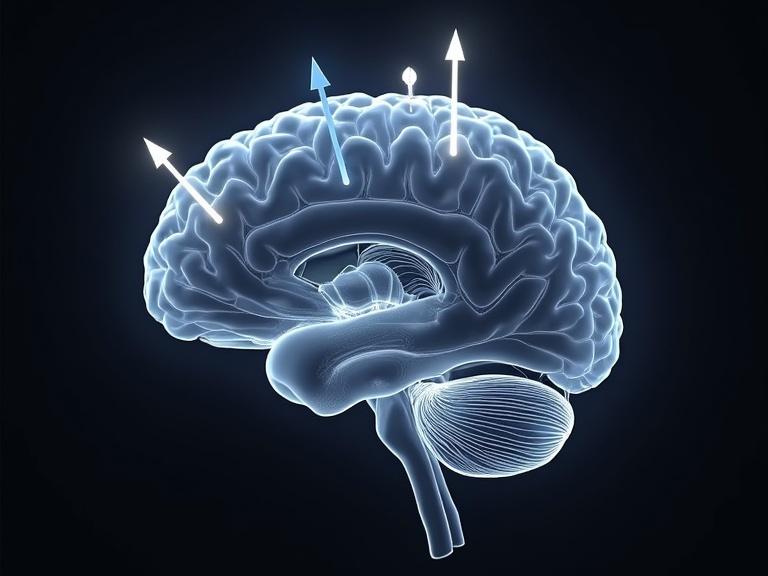 Illustration of the human brain highlighting the prefrontal cortex with arrows indicating areas of interest. Gray brain texture detailed with folds and gyri.