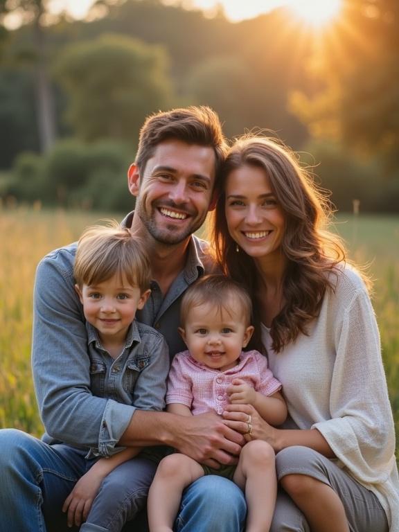 A family photo taken during golden hour. A man and woman sit together in a field, surrounded by two children. The family smiles warmly. Sunlight bathes the scene in a golden glow.
