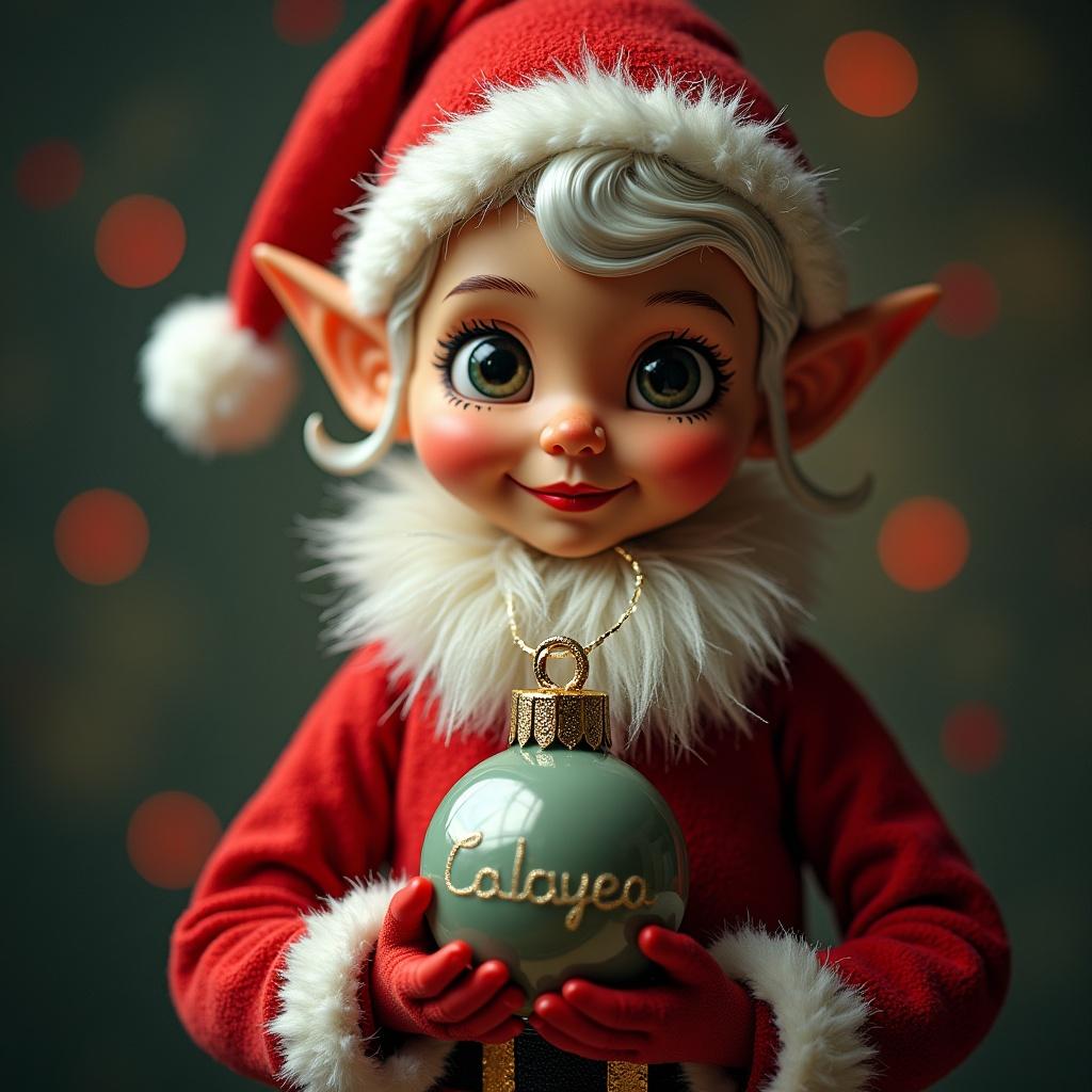 This image depicts Santa's elf dressed in festive red attire, complete with a fluffy white collar and a cute Santa hat. The elf is smiling brightly, radiating Christmas cheer, as she holds a delicate green Christmas bauble. The bauble has the name 'Chelsea' written in elegant script. The background is a whimsical bokeh of warm lights, creating a magical holiday atmosphere. The elf's large expressive eyes and rosy cheeks enhance her playful character. The overall composition conveys a sense of joy and celebration, perfect for the holiday season.