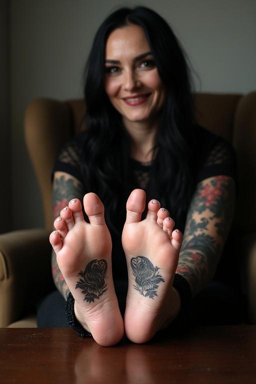 A mature goth woman has long black hair and displays intricate tattoos on her bare feet. She is sitting on a chair with her feet placed on a table. The image captures her joyful expression and unique body art.