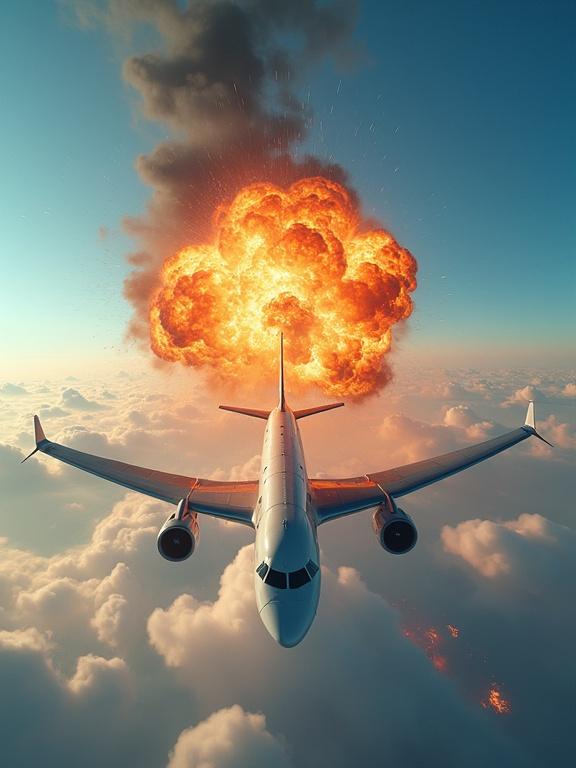 Spectacular explosion occurring mid-air from a passenger airplane. High above a layer of clouds with blue sky surrounding. Fire and debris disperse amidst a dramatic scene.