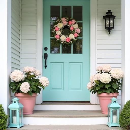 White front porch features light aqua door adorned with light pink rose and white hydrangea wreath. Big flower pots display light pink roses and white hydrangeas flanking the door. Aqua lanterns complement flowerpots.