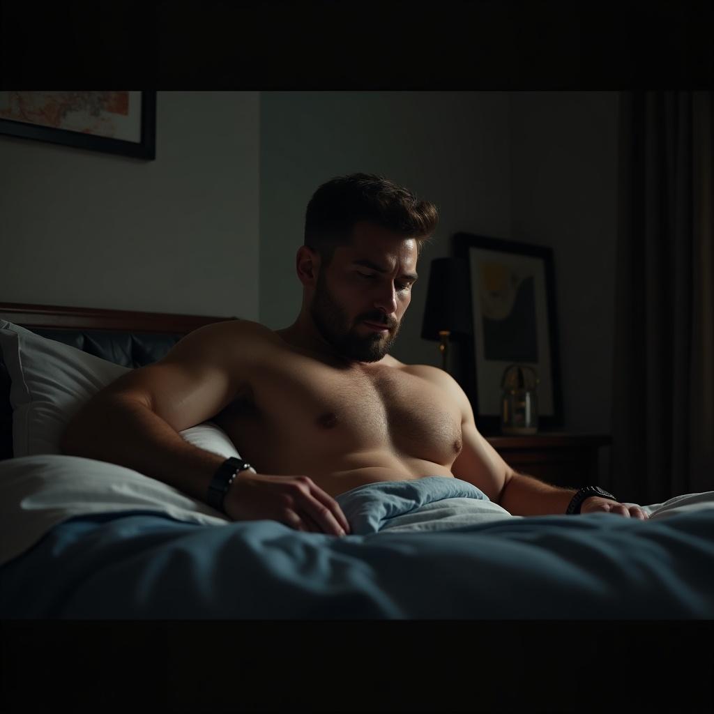 The image portrays a muscular man sitting on his bed, depicting a moment of reflection. He is surrounded by a dimly lit home environment, which enhances the intimate atmosphere. The color palette features soothing blues and grays, contributing to a calm vibe. This setting is perfect for illustrating themes of wellness and self-care in lifestyle content. The focus is on the man's physique, highlighting fitness and strength in a relaxed context.