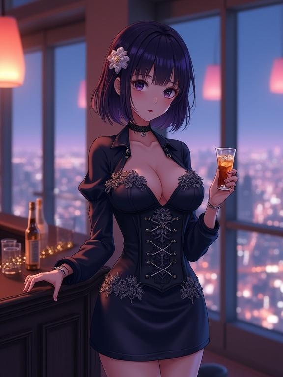 Vertical image of an anime-style woman in a high-rise lounge. She has dark violet hair and floral hairpin. Her eyes are deep violet. She's wearing a dark satin outfit with silver embroidery and a corset-like belt. Holding a drink with ice cubes. Blurry city lights in background with warm colors. Softer focus on her and intimate setting with bar and glassware revealed.