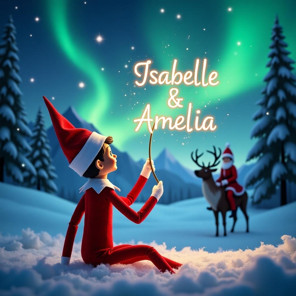 Elf on the Shelf gazes skyward. Elf uses wand to spell names Isabelle and Amelia. Vibrant northern lights illuminate winter landscape. Santa Claus silhouette rides reindeer in background amidst snow-covered trees and mountains.