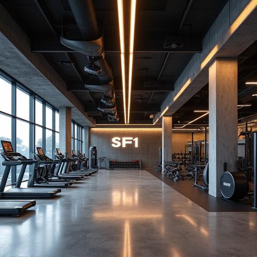 Minimalist gym interior with modern design. Clean open layout with large windows and polished concrete floor. Sleek ceiling with recessed lighting. Minimal gym equipment like a treadmill and dumbbells. Neutral color palette with soft natural light. Brightly lit with organized layout focusing on fitness machines and exercise space. High resolution with cinematic lighting and dramatic perspective. Bold illuminated logo 'SF1' on the wall. Glossy rubber flooring enhances look. Warm lighting creates inviting atmosphere. Spacious and well-organized gym contains professional strength training equipment. LED strip lighting in geometric false ceiling. Exposed concrete pillars provide aesthetic.