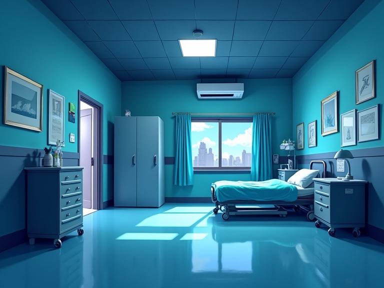Cartoon vector style depicts a hospital room. The room is bright and clean. Walls and furniture reflect teal hues. A comfortable hospital bed is positioned centrally. A picturesque city view is visible through the window. The room is furnished with a nightstand and a dresser. The artwork is stylized and modern with a hint of sophistication.