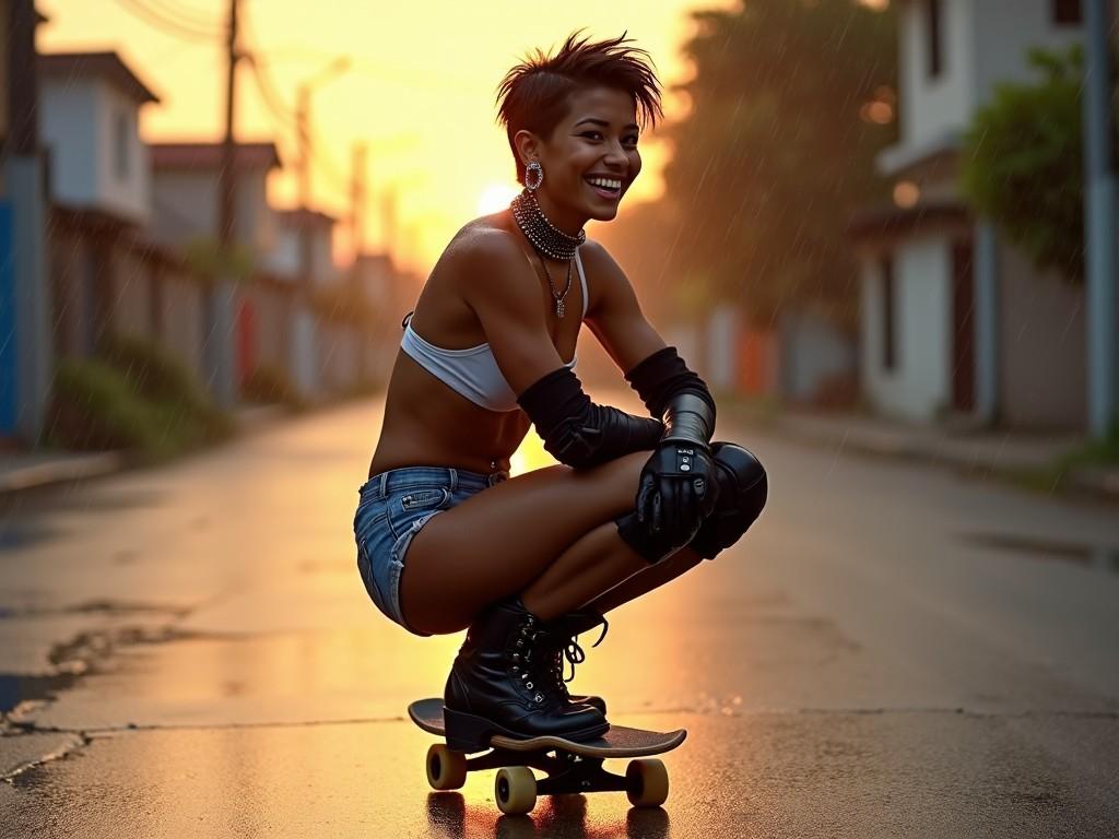 The image features a stylish young woman with short hair, dressed in a crop top and denim shorts, striking a playful pose on a skateboard. She is skimming low to the ground with her elbows on her knees, wearing black gloves and sturdy boots. The background showcases a city street bathed in golden sunset light, creating a vibrant atmosphere. Raindrops are captured in the air, adding a dynamic feel to the scene. The overall vibe is youthful, energetic, and trendy, perfect for showcasing urban fashion and skate culture.