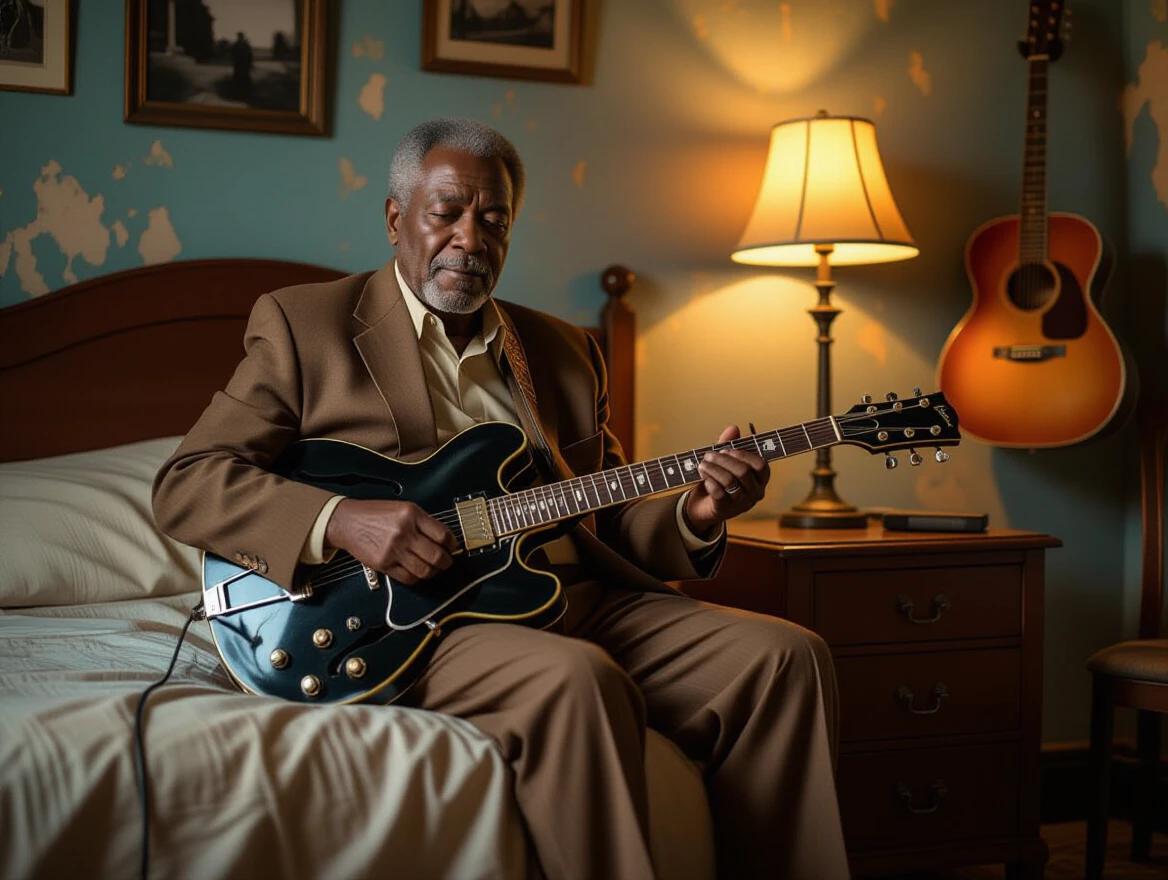 An elderly Black man plays a black electric guitar on the edge of a worn-out bed in a dimly lit vintage room. He wears a brown suit and beige shirt. The walls behind him have peeling blue and brown paint. A warm lamp glows on a wooden nightstand casting a golden hue. A second guitar hangs on the wall. The atmosphere is soulful and bluesy.