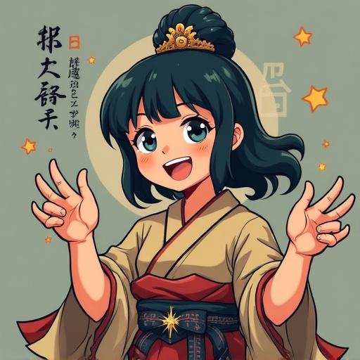 a cheerful anime character in traditional clothing with green hair standing with open arms and a joyful expression